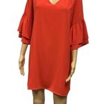 Tyche  Tomato Red V Neck 3 Quarter Ruffle Sleeve Lined Popover Dress Womens Large Photo 0