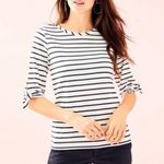Lilly Pulitzer Preston Top White Bright Navy Stripe 3/4 Sleeve Ties Small Photo 0