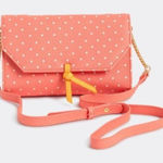 Matilda Jane Coral Polka Dot Crossbody Bag with Gold Chain Strap and Yellow Tie Detail Photo 0