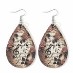 Musical Note Rose Flower Pattern Teardrop Dangle Earrings Faux‎ Leather Brown Photo 4