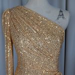 IEENA for Mac Duggal Gold Sequin One Shoulder Ruched Mini Dress Size 8 Photo 11