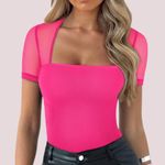 NWT REORIA Mesh Sleeve Square Neck Bodysuit – Hot Pink – Small Photo 0