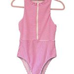 Splendid Seersucker Pink and White Striped Zip Front High Neck Swimsuit, Sz M Photo 2