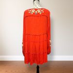 Free People  M Red Embroidered Tiered Gauzy Mini Dress Floral Boho Peasant Flowy Photo 2