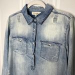 En Crême en creme denim Snap Button Down Distressed Acid Wash Chambray Tunic Top Small Photo 1
