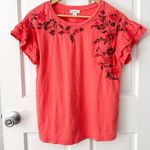 Sundance Coral Floral Embroidered Tee Flutter Ruffle Short Sleeves Boho Size S Orange Photo 0