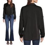 DKNY NWT  Women’s Jacquard Point Collar Long Sleeve Tie Front Blouse in Black L Photo 1
