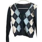Brandy Melville Argyle Button Front V Neck Sweater Cardigan Blue White Small Photo 2
