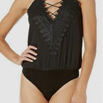 WAYF  Black Lace Up Bodysuit Top‎ Sleeveless Snap Crotch Blouse Women's Size S Photo 0