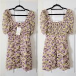 ZARA NWT  Draped Ruched Puff Sleeves Floral Lilac Bodycon Mini Dress Milkmaid XS Photo 5