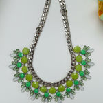 Green Rhinestone Flower Necklace Silver tone metal chain statement piece Photo 0