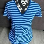 Anne Klein AK SPORT Blue Striped V-Neck T-Shirt Size Large Photo 0