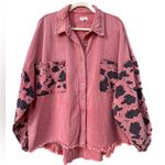 POL Women's Denim Shacket/Jacket Pink with Animal Print Sleeves and Pocket Photo 0