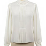 Vintage Glances Blouse M Cream Lace High Neck Pleated Puffy Sleeve Secretary Size M Photo 0