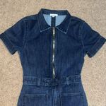 We Wore What Dark Wash Flare Denim Jumpsuit 70’s Boho Zip Up Collared XS Photo 6