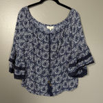 Solitaire Women's Blue Boho Print Peasant Top - Size Large - Tassel Crochet Lace Photo 0