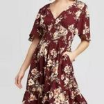 Xhilaration NWOT Burgundy Wine Maroon White Cream Floral Flutter Short Sleeve Mini Dress New Photo 0