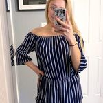 Ambiance white and blue striped off the shoulder romper Photo 0