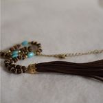 Source Unknown Western Brown/Aqua Wood Beads Leather Tassel Gold Tone Spacers Necklace Photo 2
