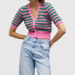 ZARA NWT Womens Cardigan Pink Striped V Neck Cropped Short Sleeve Sweater Small Photo 0