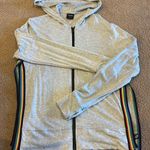 Terez  Women’s Grey Zip-up Hooded Sweatshirt with Rainbow Stitched Side Slits Photo 0