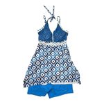 Hanna Nikole Plus Size Swim Dress Diamond Print Halter Neck Swimsuit 18W NWT Blue Photo 1