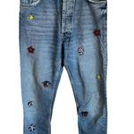 ZARA  High Rise Button Fly Straight Distressed Gem Bedazzled Raw Hem Denim Jeans Photo 2