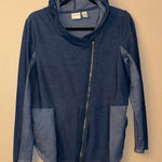 Zenergy by Chico's Size 1 M/L Blue Denim Moto Jacket Hoodie Sweatshirt Size M Photo 0