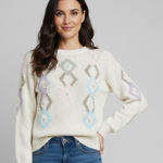 Vintage Nannell Sweater Geometric Pattern Cream, Purple, Blue Pink Size S White Photo 0