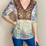 One World Retro Y2K  Brown Neutral Beaded Lace Embroidery Boho Lotus Shirt Photo 1