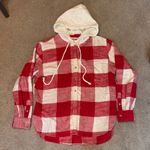 American Eagle  Red And White Oversized Hooded Flannel Size S Photo 2