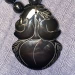 Chinese Hand Knotted Large Onyx Bead Necklace Carved Fruit Peach Pendant Black Photo 3