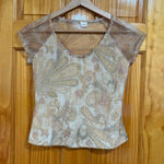 Clue Y2K Sheer Mesh Paisley Top Women’s Small Beige Nude Lined Stretch USA Pink Photo 0