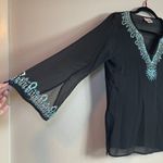 Itsu Womens 100 % Silk Size 6 Long Sleeve Blouse Beaded Sequin Black Blue Photo 5