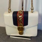 Gucci Sylvie Mini Leather Shoulder Bag, White w/ Red & Blue Sherry Line-Preowned Photo 2