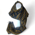 Fendi Navy Blue Tan Wool Silk Scarf with Decorative Tassels Photo 6