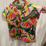 JODIFL Silky tropical festival Palm Springs oversized cap sleeve blouse v-neck Photo 0