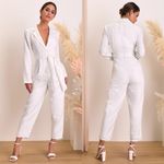 Lulus  Ivory Jacquard Collared Surplice Belted Long Sleeve Jumpsuit Womens XL NWT Photo 1