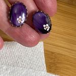 Vintage purple oval earrings with floral design. Purple Photo 2