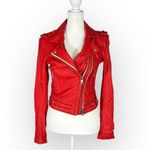IRO Luiga Cropped Moto Jacket Women 36 Red Silver Double Zip Button Long Sleeve Photo 2