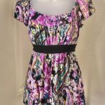 2000s y2k Multicolored paisley print short sleeve top blouse with black belt to cinch in the waist. Photo 0