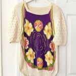 Vintage Hand Knit Square Neck Pointelle Puff Sleeve Floral Print Sweater Large Photo 0