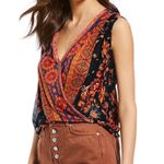 Free People  Autumnal Havana Orange and Black Floral Paisley Faux Wrap Tank Top Photo 0