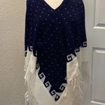 Women’s Knitted Sweater Poncho w/Tassels & Fringe Navy Blue & White EUC OS Size L Photo 0