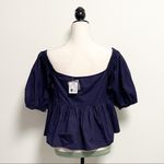 Free People  Navy Veronica V Neck Buttons Top 1/2 Puff Sleeves NWT Small Peplum Photo 6
