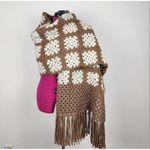 Handmade New Crochet Granny Square Shawl Wrap Fringes Brown Speckled Cream Photo 4