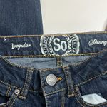 SO  skinny dark wash jeans juniors size 1 xs gold orange stitch belt loops Photo 7