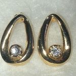 Vintage Gold Tone CZ Rhinestone Teardrop Hoop Pierced Earrings Photo 0
