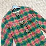 Manoush Women's Wool Blend Plaid Pea Coat Pocket Beaded Buttons Green Pink Sz 2 Photo 1