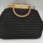 Vintage Crochet Handbag Purse Top Handle Bag Black Woven Evening Bag Photo 0